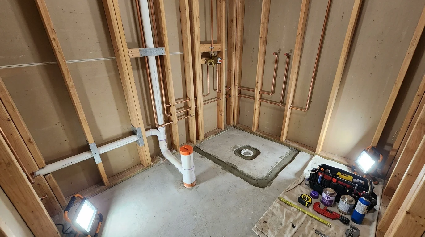 Bathroom rough-in plumbing during remodel by Johns Plumbing LLC in Bedford Hills