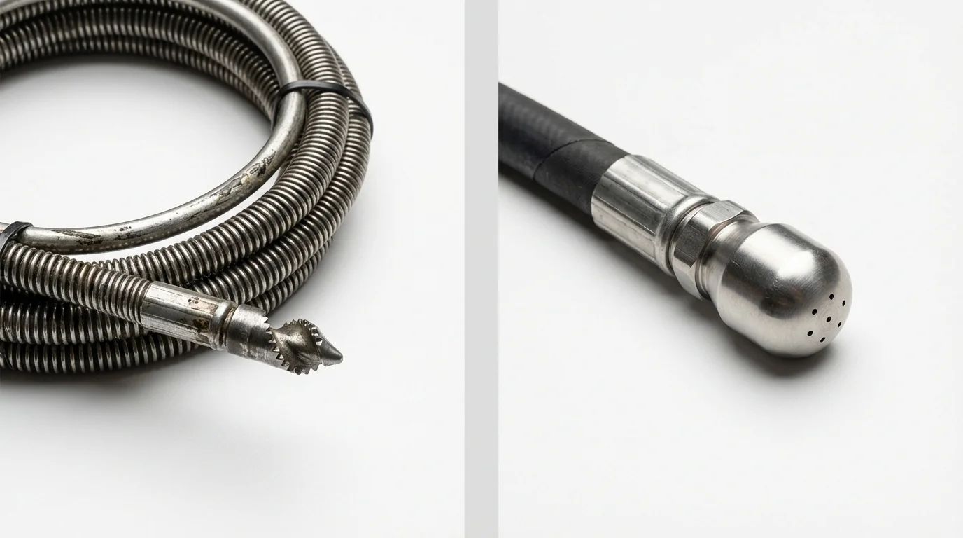 Drain snake cable and hydro jetting nozzle used for drain cleaning in Bedford Hills, NY
