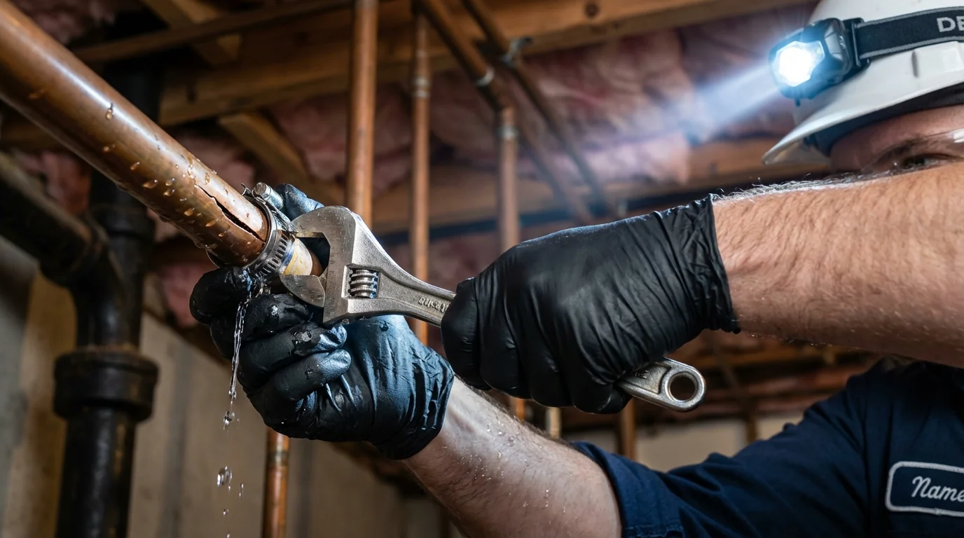 Emergency pipe clamp repair being performed by a Johns Plumbing LLC plumber in Bedford Hills